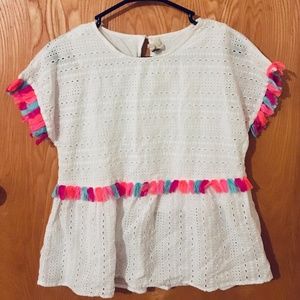 Savannah Jane White Eyelet Peplum Top Blouse Colorful Tassels